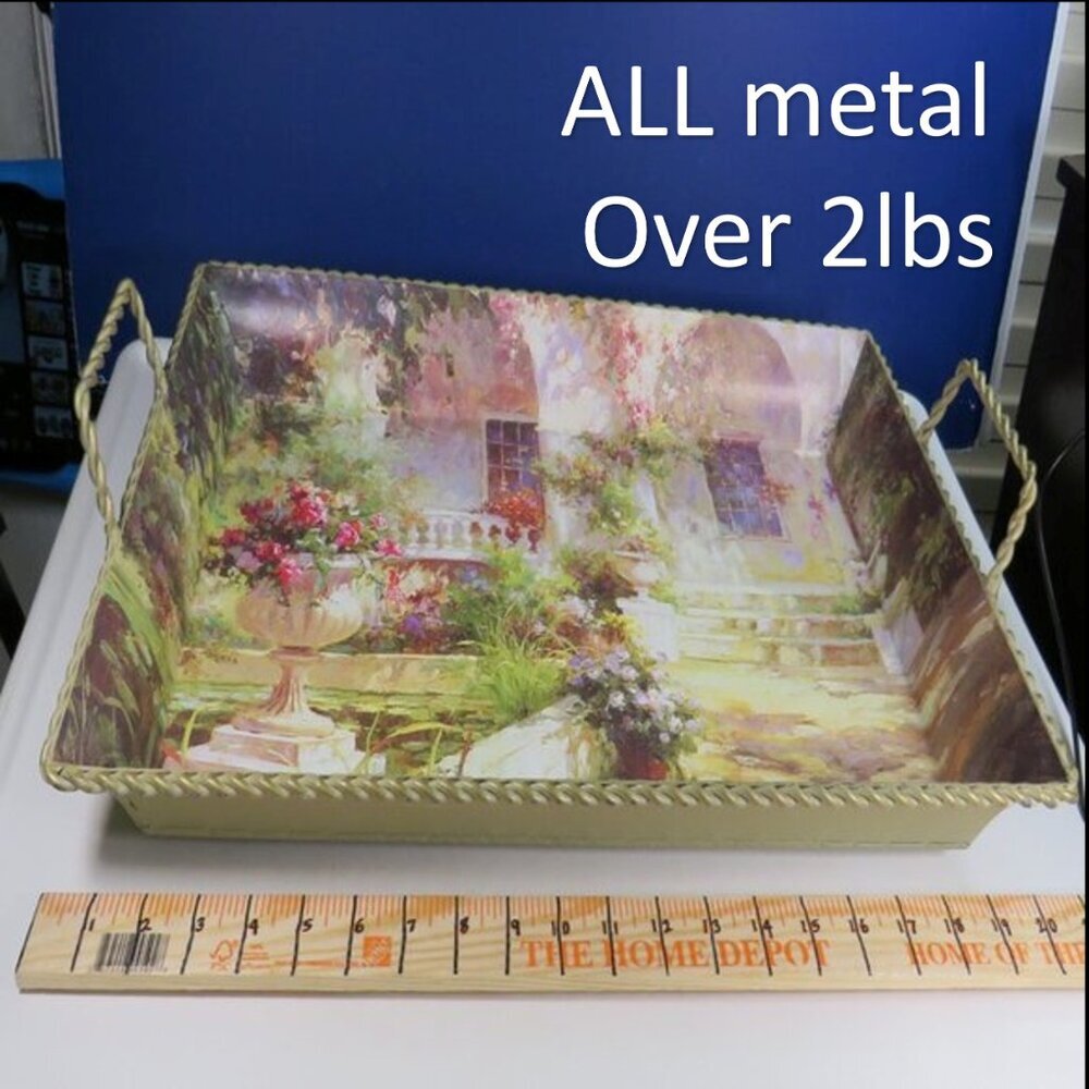 21" ALL Metal Serving Tray: Floral Garden Art, Rod Iron Handles over 2lbs